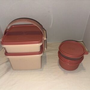 Vintage Tupperware Square Away Stackable Set Handle Lunch Goody Box With 2 Bowls